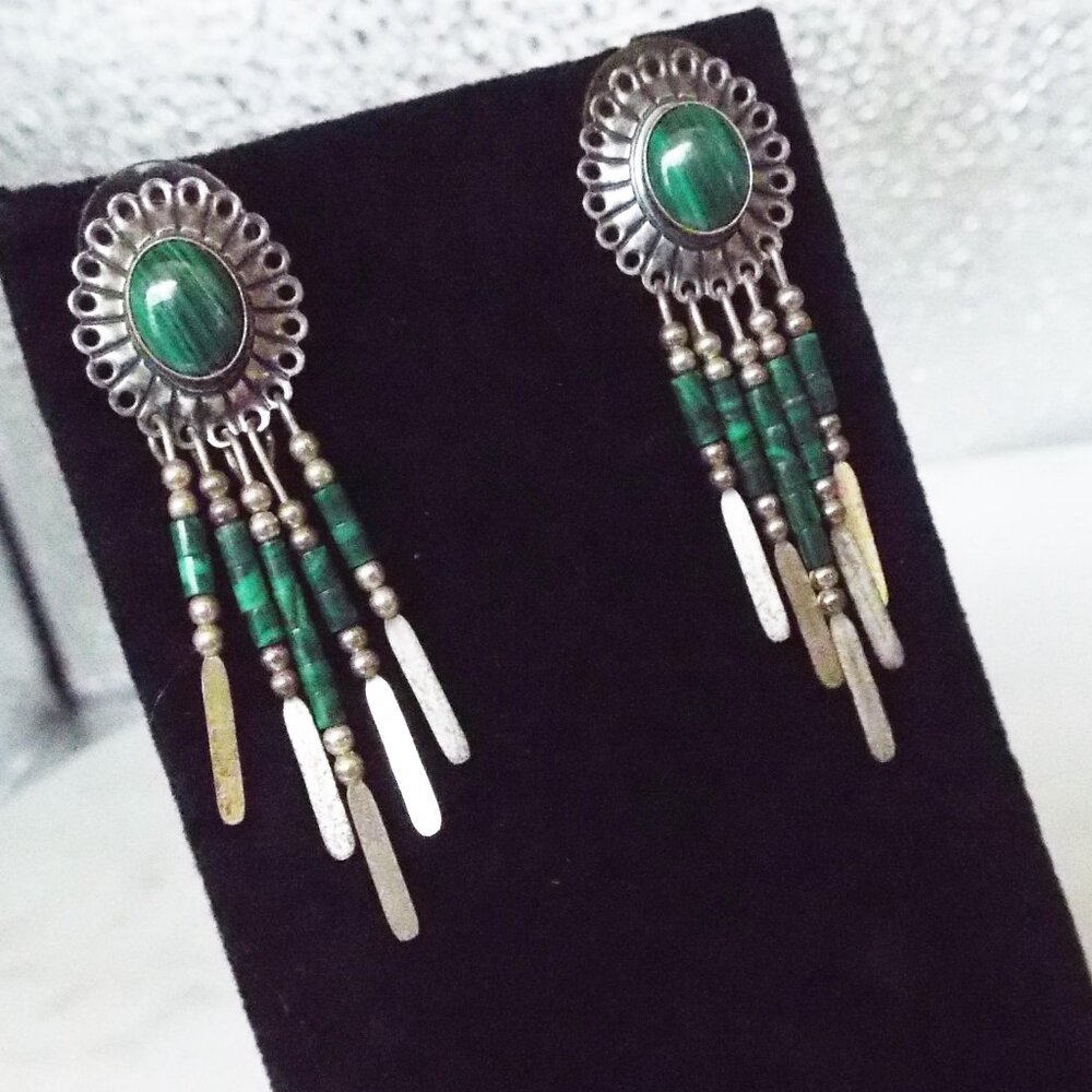 NATIVE AMERICAN NAVAJO MALACHITE STONE STERLING DANGLY EARRINGS 20